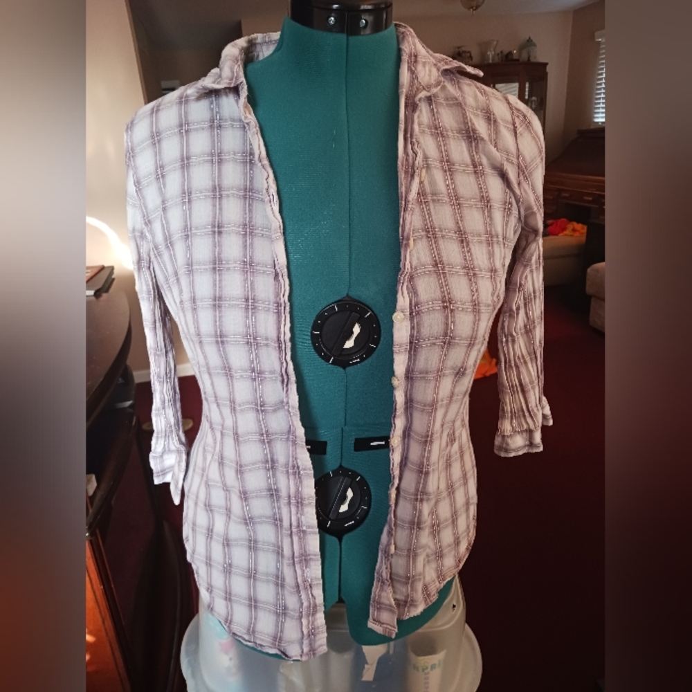 3/4 sleeve, GAP M, purple plaid top for women